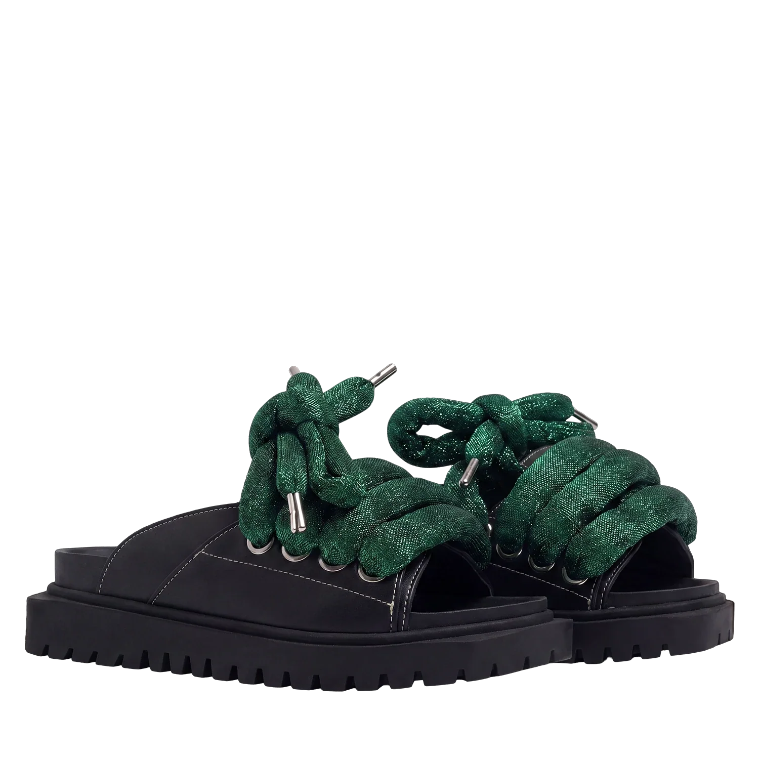 Sandal - Black Leather - LT Green